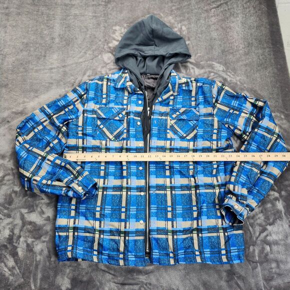 Men's Zip up Quilted Lined Button Down Plaid Jacket with Hood Blue L - Picture 5 of 9